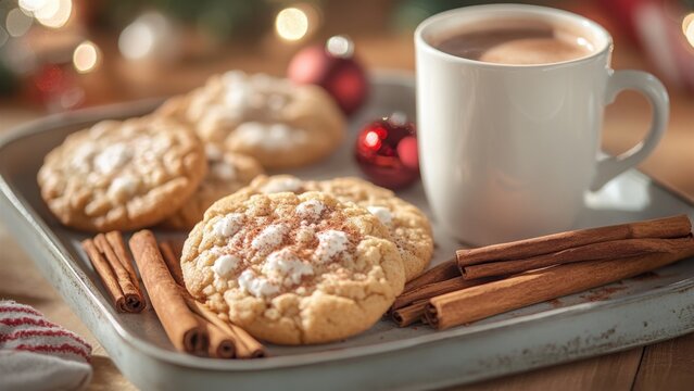 Cozy holiday scene with cookies, cinnamon sticks, and hot chocolate