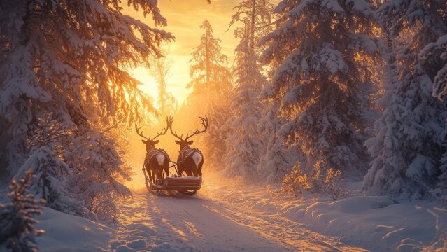 Reindeer pulling sleigh through snowy forest at sunrise