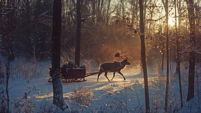 Reindeer pulling a sleigh through a winter forest at sunrise