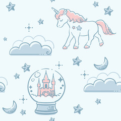 ゆめかわ、ガーリーなパステルトーンのシームレス・パターン素材。ベクターイラスト素材。