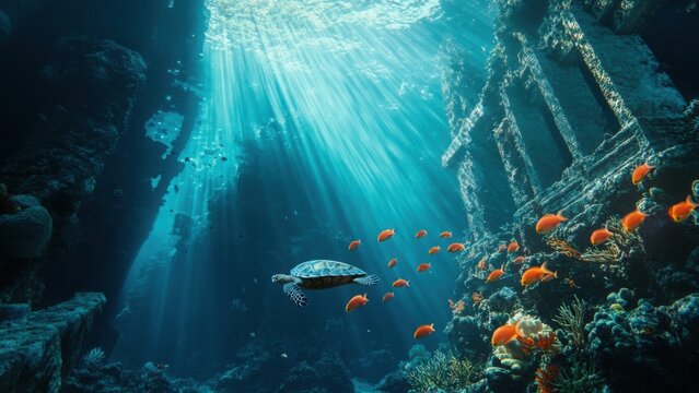 Underwater scene with turtle swimming among vibrant fishes in ruins