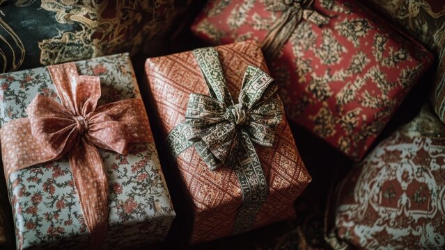Decoratively wrapped gifts with fabric bows