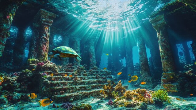 Underwater Ancient Ruins with Marine Life