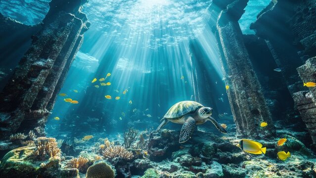 Underwater Scene with Sea Turtle and Fish among Ruins