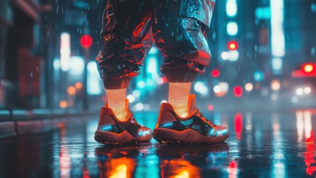 Futuristic sneakers with glowing socks in a neon-lit urban environment