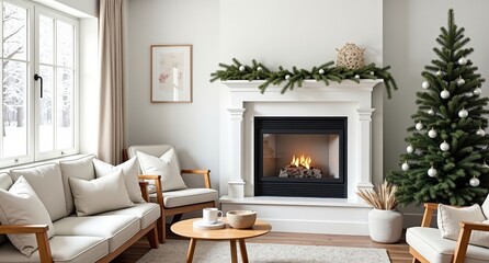 Fototapeta premium A serene winter living room with light wood furniture, neutral textiles, corner fireplace, eucalyptus garland, and a silver bauble tree. Snow gently falls outside. 