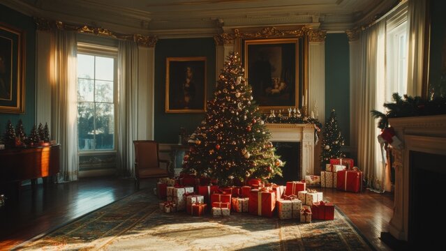Elegant Christmas Room with Decorated Tree and Gifts