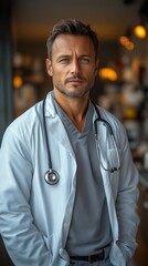 Fototapeta premium Confident Male Doctor in White Lab Coat with Stethoscope Gaining Trust in a Professional Environment