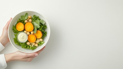 A vibrant Buddha bowl filled with quinoa, roasted sweet potatoes, kale, chickpeas, and tahini dressing, set on a clean white table