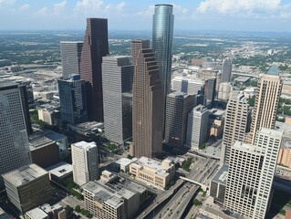 The skyline displays towering buildings gleaming under the bright sun, with busy streets below