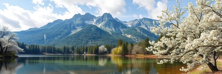 Mountain Lake with Surrounding Blooming Trees, natural beauty, spring trees, forest scenery