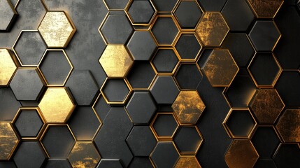 Hexagonal pattern in metallic gold and black, with a sleek and luxurious feel suitable for an elegant cover