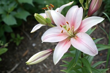 Fototapeta premium Overhead shot of lily flower in a garden, garden, botanical, scenery, flower