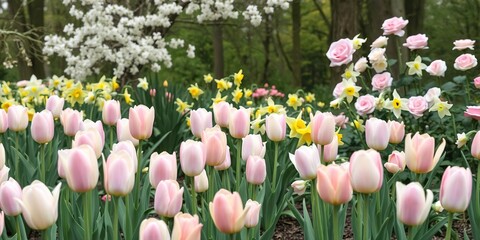 Pastel tulips in a garden with daffodils and soft pink roses blooming among the trees, flower garden, daffodil garden, rose garden