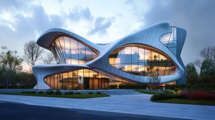 Obraz premium Modern, futuristic, and sleek building with a unique, flowing design.