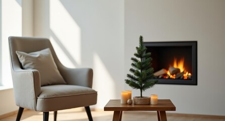 A minimalist studio with a cozy armchair, sleek wall-mounted fireplace, and tiny evergreen tree decorated with candles and paper ornaments. A peaceful winter ambiance.  