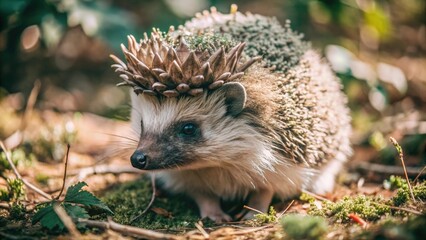 Naklejka premium A Hedgehog Wearing a Crown of Dried Leaves in a Forest