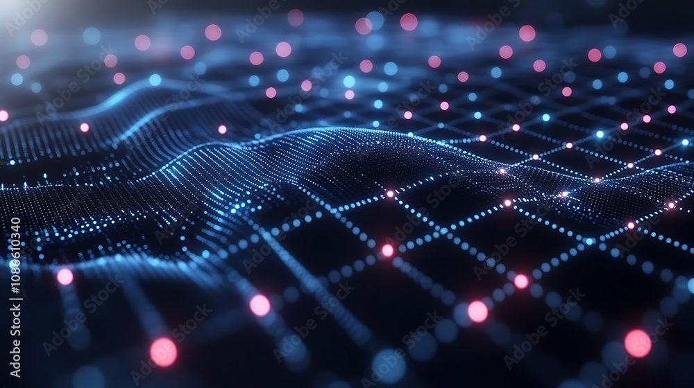 Poster dynamic visual representation of flowing binary code morphing across a digital landscape with embedd