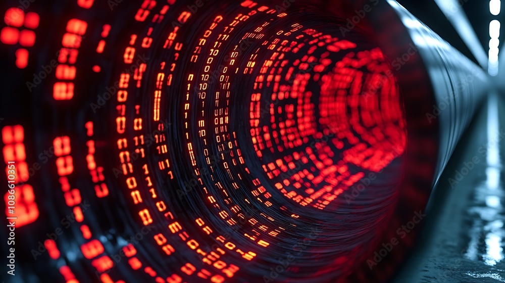Poster dynamic visual representation of flowing binary code morphing in a circular tunnel with red and blac