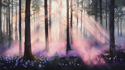 Fototapeta premium Sunlight streams through a mystical forest, illuminating a carpet of purple flowers, AI