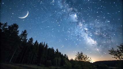 Fototapeta premium Starry night sky with a dense cluster of twinkling stars and a crescent moon shining bright, starry night, celestial showcase, shimmering celestial body, dreamy atmosphere, cosmic wonder