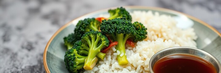Steamed broccoli served with rice and soy sauce, Asian cuisine, soy sauce, rice