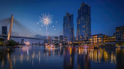 Obraz premium Cityscape at Night with Fireworks and Reflection