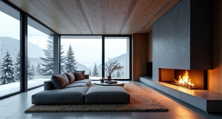 A luxurious, minimalist chalet with high ceilings, an open fireplace, and sleek furniture. A glass wall reveals a snowy alpine scene with frost-covered evergreen trees.  