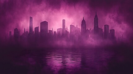 Obraz premium Futuristic Cityscape Rendered in Bright Angular Design with Ethereal Purple Hues and Mist over Serene Waters