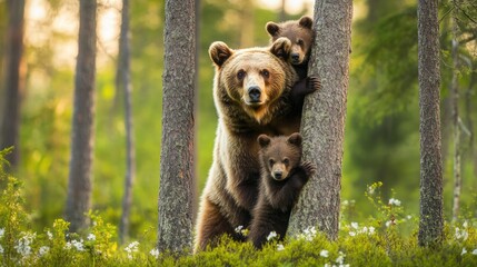 Obraz premium Mother Bear and Cubs Peeking From Behind Trees