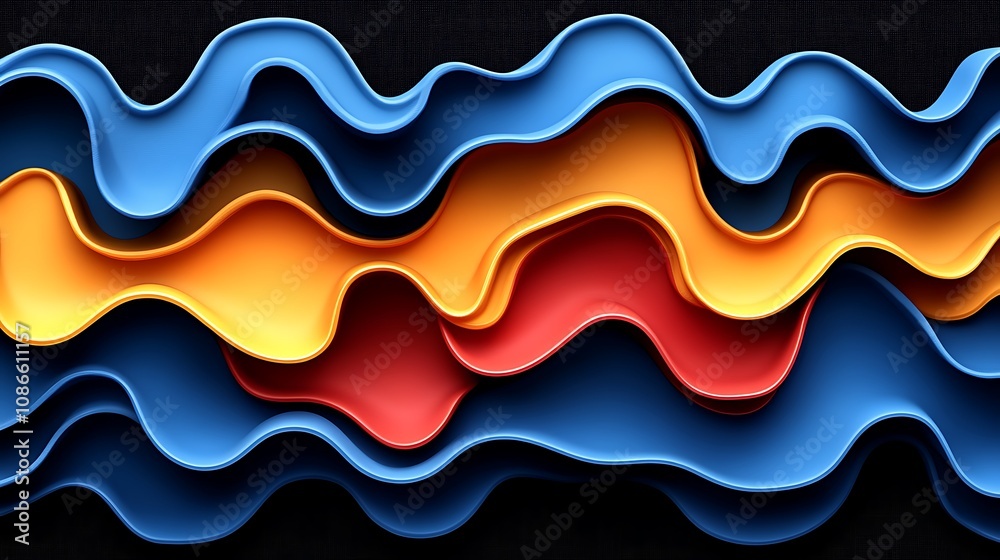 Poster dynamic geometric patterns in bold colors expressing fluidity and motion with vibrant hues creating 