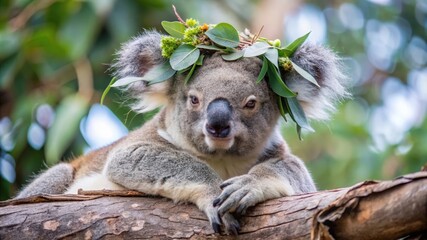 A Koala Wearing a Crown of Leaves