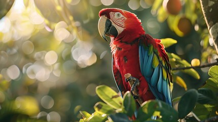 Macaw perched on a Caribbean fruit tree, feathers illuminated by natural light, post-processed with expert color grading, HD wildlife photography, 8K quality, with depth of field