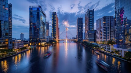 Obraz premium Vibrant City Skyline at Twilight with Fireworks