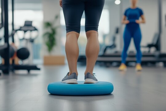 A patient practicing balance exercises on a balance pad as part of physical rehabilitation