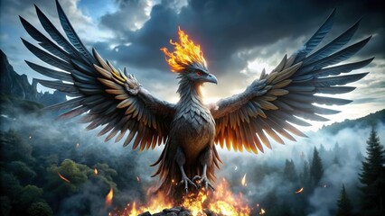 A Fiery Phoenix Soaring Above a Misty Forest