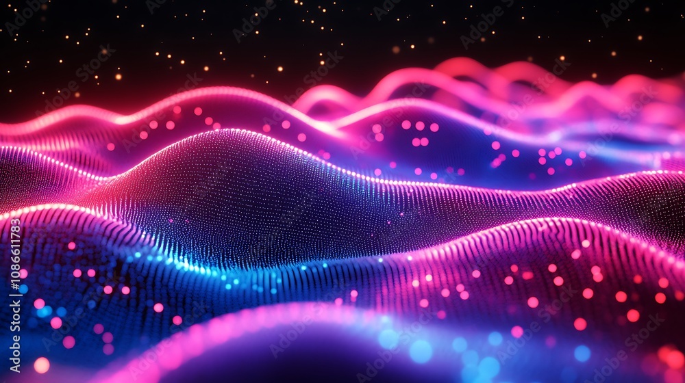 Poster twisting ribbons of holographic light creating dynamic waves and patterns against a starry backgroun