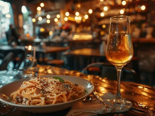 A cozy restaurant scene featuring a plate of pasta and a glass of sparkling drink, illuminated by warm ambient lights.