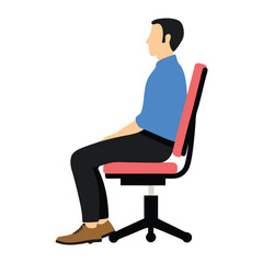 Fototapeta premium A man is sitting in a red chair. He is wearing a blue shirt and black pants. The chair is red and has a black frame