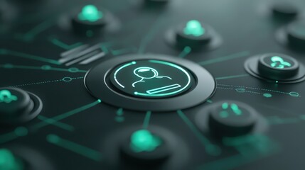 Green glowing power button, interface activation and energy in digital design 