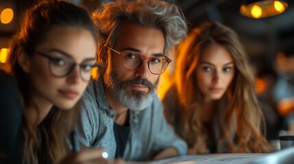 A dynamic team intently collaborating in a modern office, immersed in their creative project under warm lighting, highlighting their focus and determination on a stylish workplace.