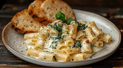 A creamy pasta dish with spinach, served alongside toasted bread on a rustic plate.