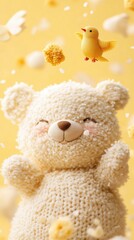 Adorable teddy bear with a cheerful yellow bird in a whimsical setting, AI