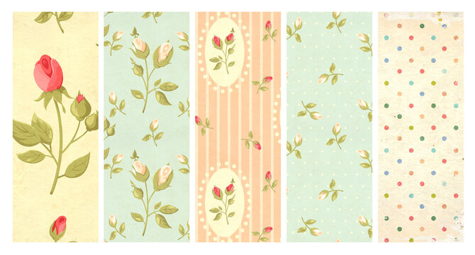 Set of vertical or horizontal banner with retro pattern with rose flower and strips in shabby chic style and paper texture. Collection of vintage background in romantic cozy style. Copy space for text