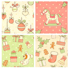 Set of square Christmas background with paper texture in shabby chic style. Collection of vintage xmas backdrop in holiday cozy style with childish pattern. Backdrop in retro style for scrapbooking