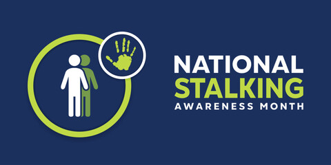 National Stalking Awareness Month. People and hand. Great for cards, banners, posters, social media and more. Dark blue background. © juandy