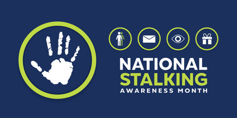 National Stalking Awareness Month. Hand, people, message, eye and gift. Great for cards, banners, posters, social media and more. Dark blue background. © juandy