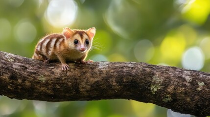 Obraz premium Striped Opossum on a Branch in a Lush Forest