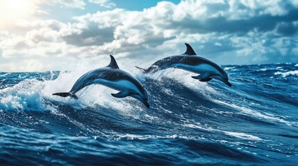 Obraz premium Dolphins Leaping Through Waves