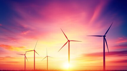 Glowing Wind Turbines Silhouetted Against Dramatic Sunset Skies,Symbolizing Renewable Energy